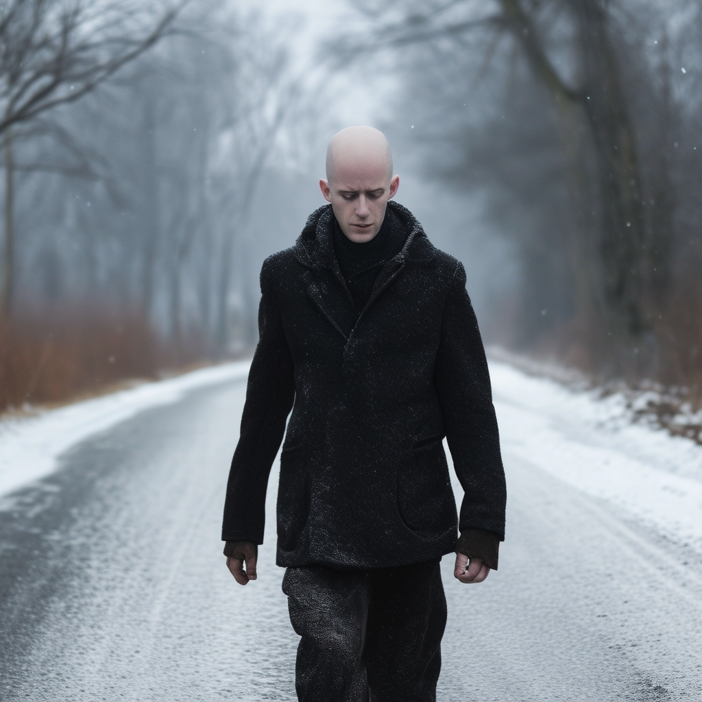 A human without hair walking on a non-snowy road